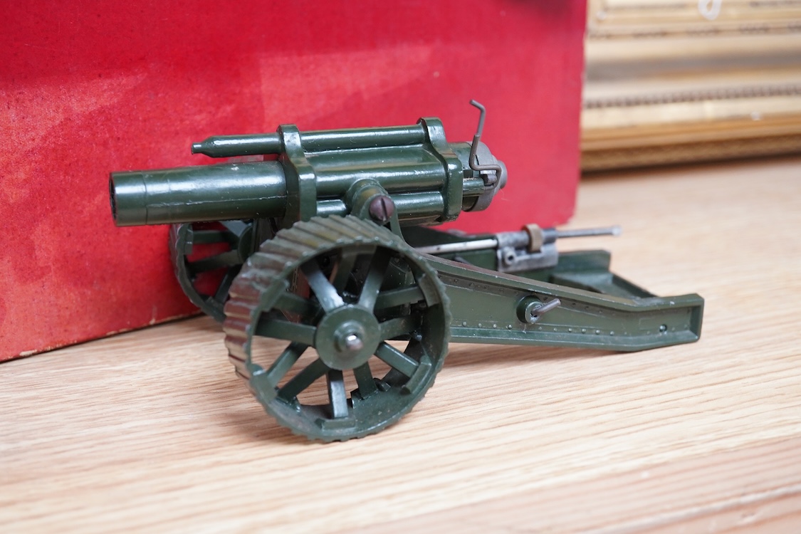 Three boxed Britains military field guns; a 4.7” Naval Gun, mounted for field service (No.1264), an 18” Howitzer (No.2107), and a 155mm Gun (No.2064), all with some accessories and shells missing